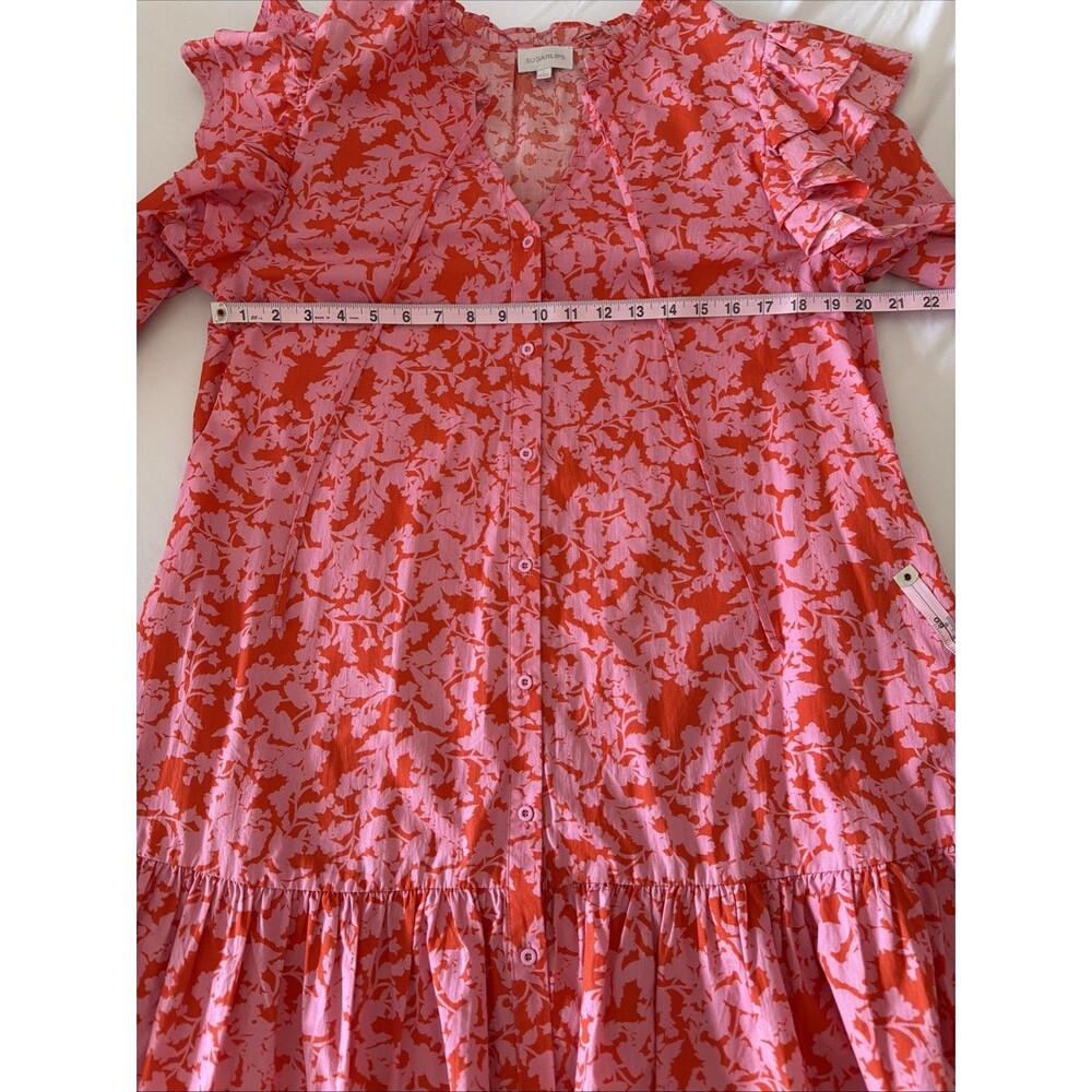 Sugarlips Sunset Floral Sammy Ruffle Top Drop Waist Dress Womens L Pink Warm Red - Picture 7 of 15